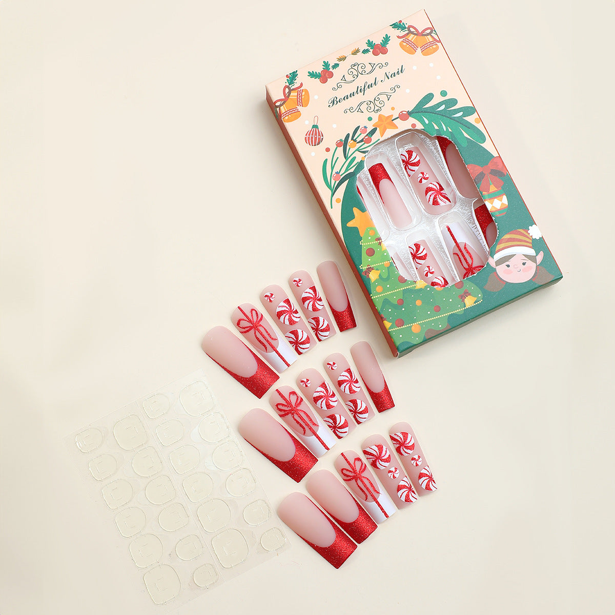 Crimson Bow Long, Square Press On Nails